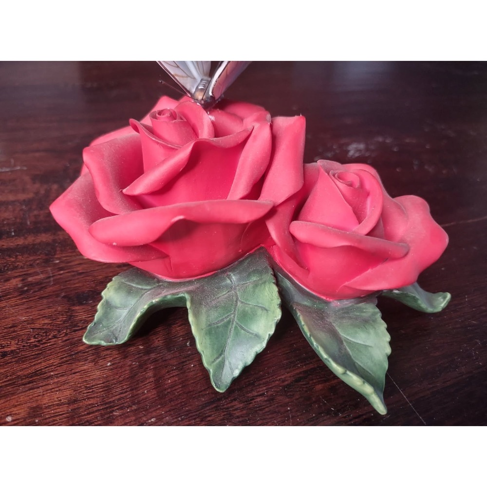 Red Rose Butterfly Ceramic Figurine Home Décor Flower Ornament 5.5" Made in...